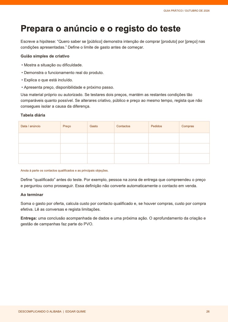 Página do e-book com o guião de anúncio e tabela de validação